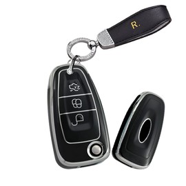 HIBEYO Flip 3 Button Key Fob Cover Compatible with Ford Focus 3 4 MK3 New Fiesta Mondeo Kuga Escape Ecosport Transit Key Case Accessories with Bling Keychains-Black