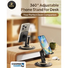 Cooper 360° Stand, 2-Pack - Adjustable Cell Phone Stand for Desk | 360° Click-Rotating Mobile Stand, Multi-Angle, Metal Base, Foldable, Portable | Cell Phone Holder for Desk (Black, 2pc)