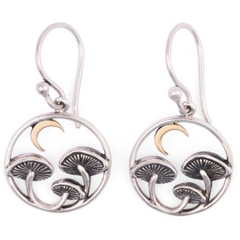 Mushroom 925 Sterling Silver Earrings for Women – Nature-Inspired Mixed Metal Dangle Earrings, Women Jewelry with Bronze Moon, For Fantasy Lovers & Everyday Wear by Nina Designs.