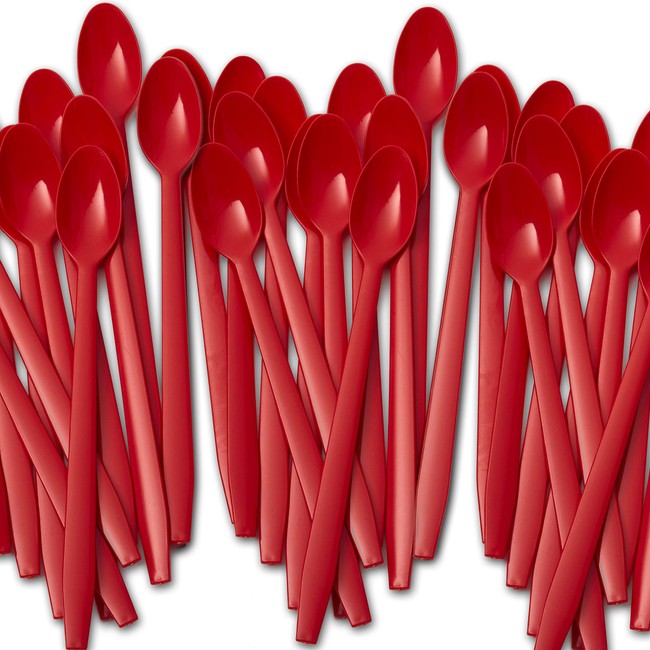 Extra Sturdy, Super Fun Red 8in Sundae Spoons 50ct Heavy Duty Disposable Plastic Utensils for Ice Cream, Milkshakes, Tea and Floats. Best Long Spoon for Stirring Cocktails and Tall Iced Beverages