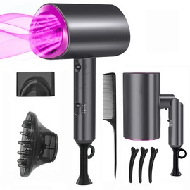Secadora de Cabello Profesional con Iones, Potente 1800W para un Secado Rápido, Secadora con Difusor para Rizos, Secadora de Pelo Portatil con Mango Plegable, 3 Temperaturas / 2 Velocidades (Negro)