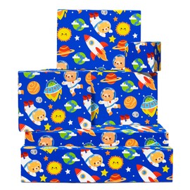 Space Wrapping Paper - 6 Sheets of Wrapping Paper - Animal Space - Rocket Ship, Moon, Star, Sun - Boys Birthday Wrapping Paper - With Stickers - by Central 23
