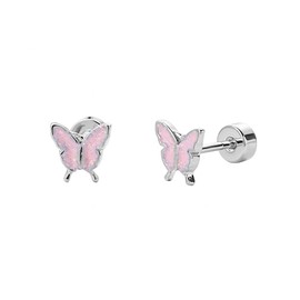 20G Butterfly Glitter Enamel Screw Flat Back Small Tiny Stud Earrings for Women Minimalist Cute Stainless Steel Silver Plated Animal Cartilage Tragus Piercing Little Studs Hypoallergenic Jewelry Gift (Pink)