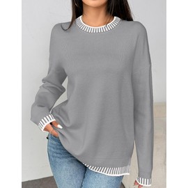 Zeagoo Womens Crewneck Pullover Sweater Long Sleeve Knit Side Slit 2024 Fall Winter Sweater Tops Light Gray
