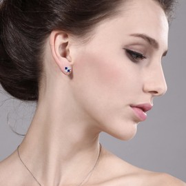 Gem Stone King 18K Yellow Gold Plated Silver Blue Created Sapphire White Moissanite and White Lab Grown Diamond Earrings For Women | 2.95 Cttw | Gemstone September Birthstone | Heart Shape 4MM