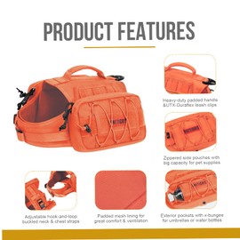 OneTigris Mammoth Dog Backpack 2.0 Version Tear Camping Hiking Dog Backpack for M/L Size Dogs (L, Orange)