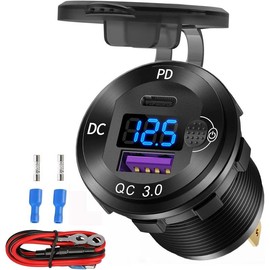 12V USB C Aluminum  Charger Socket, 12 Volt USB Outlet, PD 20W and Quick Charge 3.0 18W  USB Port  with Voltmeter & Power , Suitable for Marine   Boat Golf cart RV - Colour: Plastic