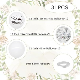Bealif 30pcs Just Married Wedding Decoration Set, 12inch Just Married Balloons with Sliver Confetti Latex Balloons White Silver Decoration for Wedding, Bridal Shower, Engagement Party Supplies