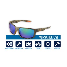 Bullhead Safety Sawfish Safety Glasses with Anti Fog and Scratch Resistant Lenses, Polycarbonate Blue Light Glasses with UV Light Protection, Green Mirror Lenses, Woodland Camouflage Frame