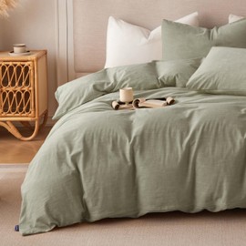 BFS HOME Linen Duvet Cover Twin Size - Soft Breathable Cotton Linen Blend, 3-Pieces Bedding Set with 2 Pillowcases, Stonewashed Texture, Green, All-Season Comfort