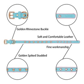 LOVPE Cat Collar/Dog Collar Golden Spiked Studded Double Layer Leather Pet Collars with Golden Rhinestone Buckle for Cats Puppy Small Medium Dogs (S(Neck for:11-13 Inch), Blue/Pink)