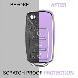 QBUC for VW Key Fob Cover with Keychain Silver Trim Soft TPU Compatible with Volkswagen Jetta Beetle Santana Scirocco Eos Tiguan Touran Polo MK5 Passat Golf GTI MK6(Purple)