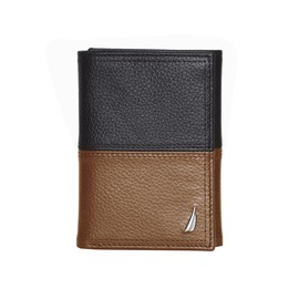 Nautica - portafolios clásica de piel triple RFID para hombre (disponible en grano liso o guijarro), Dos tonos: negro/coñac, talla única US