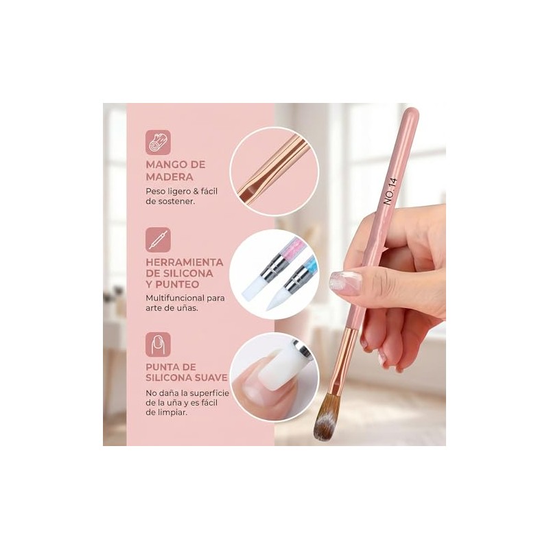Nail Polish Brush Rosa 8 Piezas Pinceles Uas, Silicona Gel