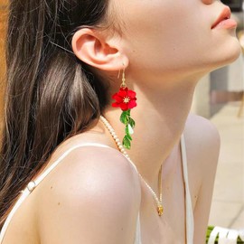 Peasimy Flower Tassel Dangle Earrings for Women Cute Green Leaf Sakura Pearl Earrings Fairy Statement Summer Refreshing Seaside Idyllic Holiday Jewelry (Red)