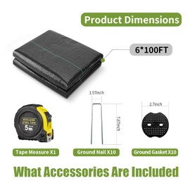 Weed Barrier Fabric Heavy Duty Set - Landscape Fabric with 10 U-Shaped Pegs & 10 Gaskets, for Landscaping, Garden Beds, Walkways & Outdoor Projects - 6 * 100FT