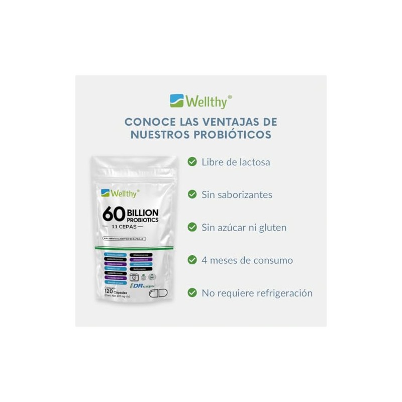 Wellthy Probioticos 60 Billones 11 Cepas. 120 Cápsulas 4 meses