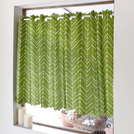 W4002430 Cafe Curtain, Laminated for Small Windows, Stylish, Blindfold, 27.6 inches (70 cm) x Width 55.1 inches (140 cm), Bath, Green, Feather Pattern, Geometric Style Decor