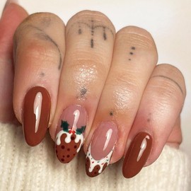 24pcs Christmas False Nails Short Almond Press on nails, Pure Red, Melting Snow and Christmas Fake Nails Gift, Stick on Nails Acrylic Full Nail Tips