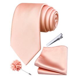 Branduce Rose Gold Tie for Men Wedding Solid Satin Silk Blend Necktie Pocket Square Tie Clip and Lapel Pin Brooch Set (TA14-29)