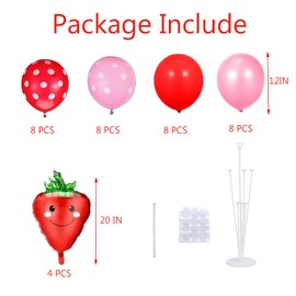 4 Sets Strawberry Party Balloons Stand Kit with 4pcs Strawberry Foil Balloons, 32pcs Red Pink Dot Balloons for Girls Birthday Baby Shower Decoration