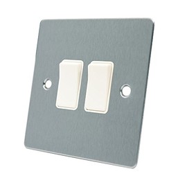 AET FSC2GSWIWH Satin Chrome Flat White Insert Plastic Rocker Switches-10 Amp Double 2-Gang 2 Way Light Switch, 240 V