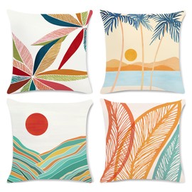 Bonhause Tropical Pillow Covers 16x16 Set of 4 Boho Leaves Palm Tree Summer Beach Decorative Throw Pillow Cases Soft Velvet Outdoor Pillow Covers for Patio Sofa Couch Bedroom Home Decor