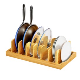 Pozmrtsr Bamboo Pot Lid Organizer for Cabinet & Kitchen Counter, Pan Lid Organizer Inside Cabinet, Pot Lid Holder, Sheet Pan Rack, Adjustable Pot Cover Holder Rack for Countertop, Under Cabinet