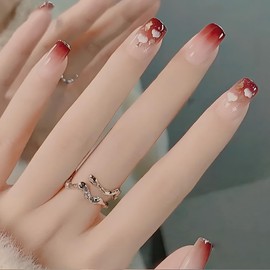 ALLEVG] Nail Tips, 24 Pieces, Short, Red, Spring, Summer, Popular, Japanese Style, Cute, Simple, Stylish, Coming of Age Ceremonies, School Entrance Ceremonies, Graduation Ceremonies, Weddings, Parties