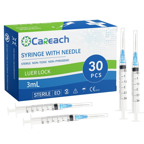 Careach 30 Packs 3mL Syringe with Needles 23 Gauge 1inch,