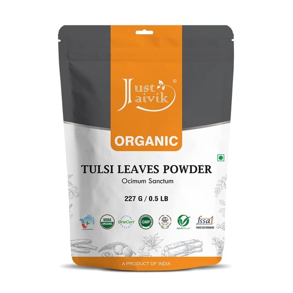 Just Jaivik Organic Tulsi Powder Holy Basil Powder- Ocimum Sanctum- 0.5 Lb 227 G 1/2 Pound- - an Ayurvedic Adaptogen