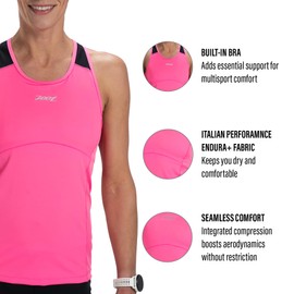 Zoot Women's Core Tri Racerback Tank, Performance Triathlon Race Tank Top, UPF 50+ Fabric, Rear Pockets, Built-in Bra Support - Bright Pink - Medium