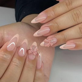 French Tip Press on Nails Medium Almond Fake Nails 3D Bow Acrylic Nails Glossy Glue on Nails Nude Artificial False Nails for Women Daily Wear Manicure 24Pcs