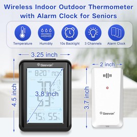Geevon Indoor Outdoor Thermometer for Seniors – Digital Temperature & Humidity Monitor with Alarm Clock, 3.8" Large Display, Backlight, 3 Channels, Battery Operated for Home, Bedroom, Greenhouse