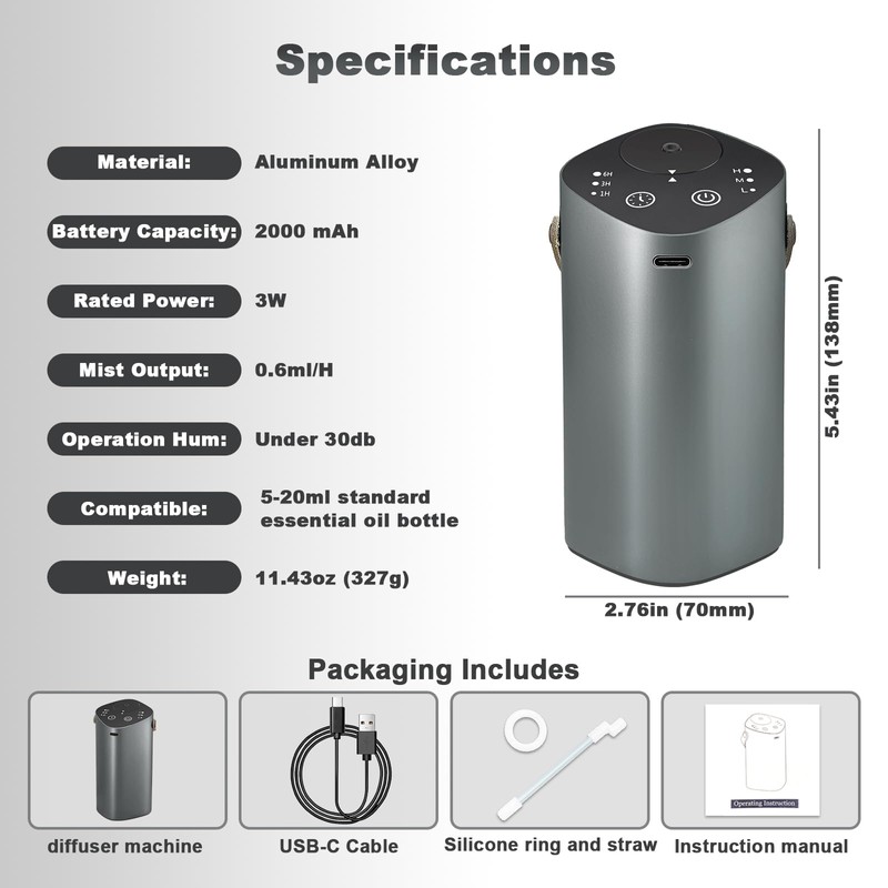 Waterless Essential Oil Diffuser for Car & Home，Aromatherapy Diffuser with