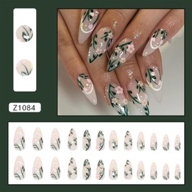 Tyuimhx 3D Pink Flowers Press on Nails Medium Almond Fake Nail with Green Leaves Designs French Tip False Nails Glossy Full Cover Stick on Nail Acrylic Artificial Glue on Nail for Women 24 Pcs