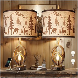 Scenekoy Antlers Style Table Lamp Set of 2 Rustic Bedside Lamp with Night Light Linen Fabric Shade Farmhouse Nightstand Lamps Decor for Living Room Bedroom House Home Office (Led Bulb Included)