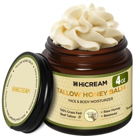 Hicream Beef Tallow for Skin, Beef Tallow and Honey Balm, 100% Organic Grass-Fed Beef Tallow, Face & Body Moisturizer for Dry, Cracked, Sensitive Skin - Handmade - Natural Formula (4 Oz, Unscented)