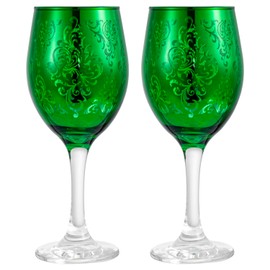 MyGift 10 oz Stemmed Wine Glass Glassware Duo with Green Mirror Finish Etched in Baroque Pattern, Elegant Wine Drinking Glasses for Dinner Party, Wedding, Set of 2