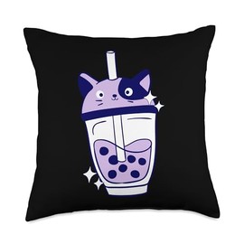 Ube Boba Cat Bubble Tea Purple Yam Cute Boba Cat Throw Pillow