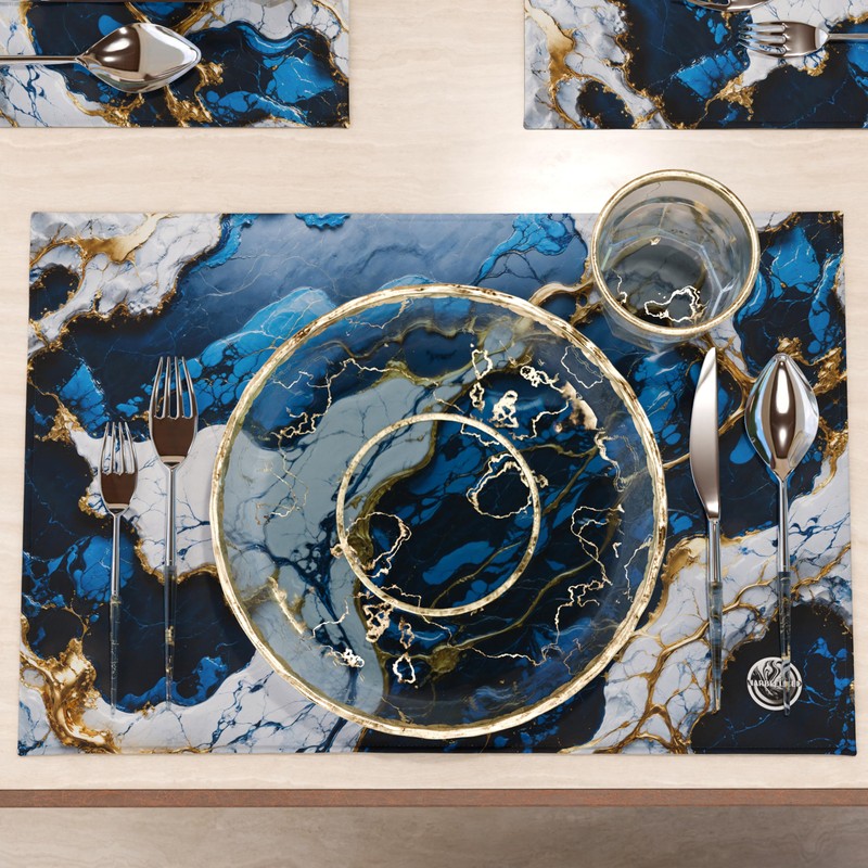 MARBLELIZED - Washable American Placemats, Blue Marble Effect Fabric Placemats,