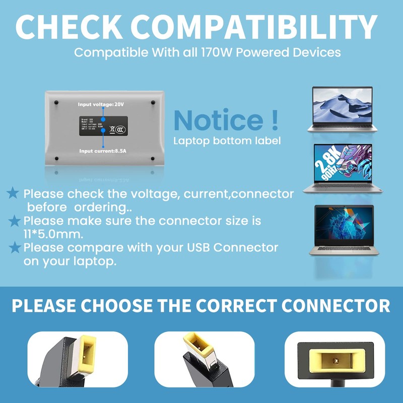 20V 8.5A 170W Laptop Power Supply Charging Cable for Lenovo