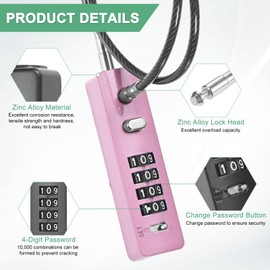 M METERXITY Gate Locks for Outdoor Fence, 11.81IN Heavy Steel Cable Rope Keyless 4-Digit Combination Lock for Gate/Cabinet/Snowboard/Bike/Locker, Resettable Code Security Cable [Pink]