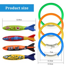 MIPIACE 8 Piece Diving Toy for Children Underwater Torpedo Diving Toy Set Diving Rings for Children Swimming Pool Toy for Diving Training Underwater Game Summer Pool Toy for Boys Girls