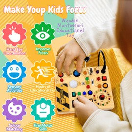 HarVow Busy Board with LED Light Switches, Montessori Toys for 1 2 3 Years Old, Toddlers Wooden Toy Sensory Activity Board, Travel Toys for 1+ Year Old Boy & Girl Birthday Gift