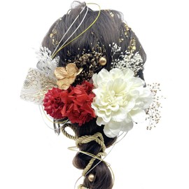 A24110001-03 Hair Ornament, Coming of Age Ceremony, Front Shoot Dahlia, Graduation Ceremony, Entrance Ceremony, Gold, Gypsy Grass, Rope, Tassel, Japanese Ball, Rope Arrangement, Dried Flower, Long