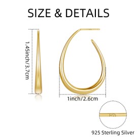 PUPILLEMON Teardrop Earrings for Women Trendy, 925 Sterling Silver Post Oval Hoop Earrings, 14k Gold Plated Thick Hoop Earrings