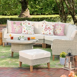 Bonhause Set of 4 Cushion Covers Spring Easter 45 x 45 cm Rabbit Carrot Flowers Leaves Pink Decorative Cushion Covers for Sofa Home Garden Easter Spring Decoration