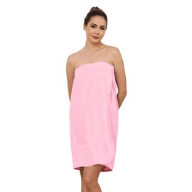 AMVELOP Womens Knee Length Wrap Towel,Button Bath Robe Adjustable Closure,Lightweight Spa Bathrobes With Pocket Pink XL