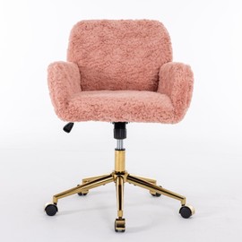 Dyncan Upholstered Office Chair with Artificial Rabbit Hair and Golden Metal Base, Adjustable Swivel Design, Pink